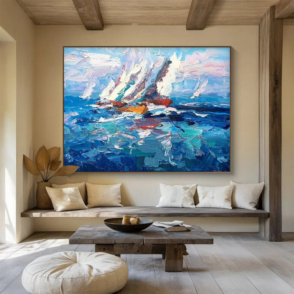 Blue White Sailing Boats Abstract Painting THY472