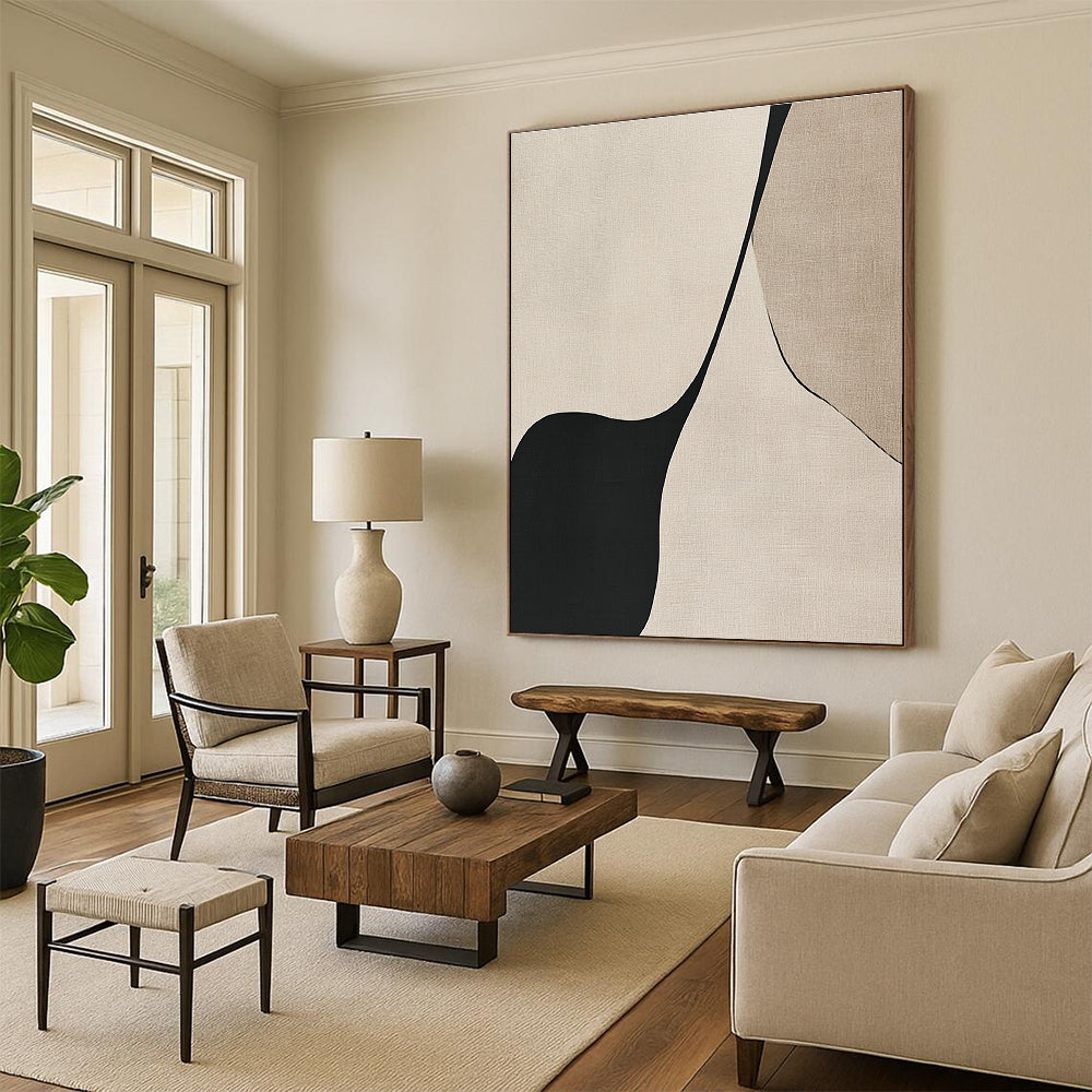 Bold abstract art featuring black lines on a beige background showcasing the elegant simplicity of the female form through simple shapes and curves.STSC1324