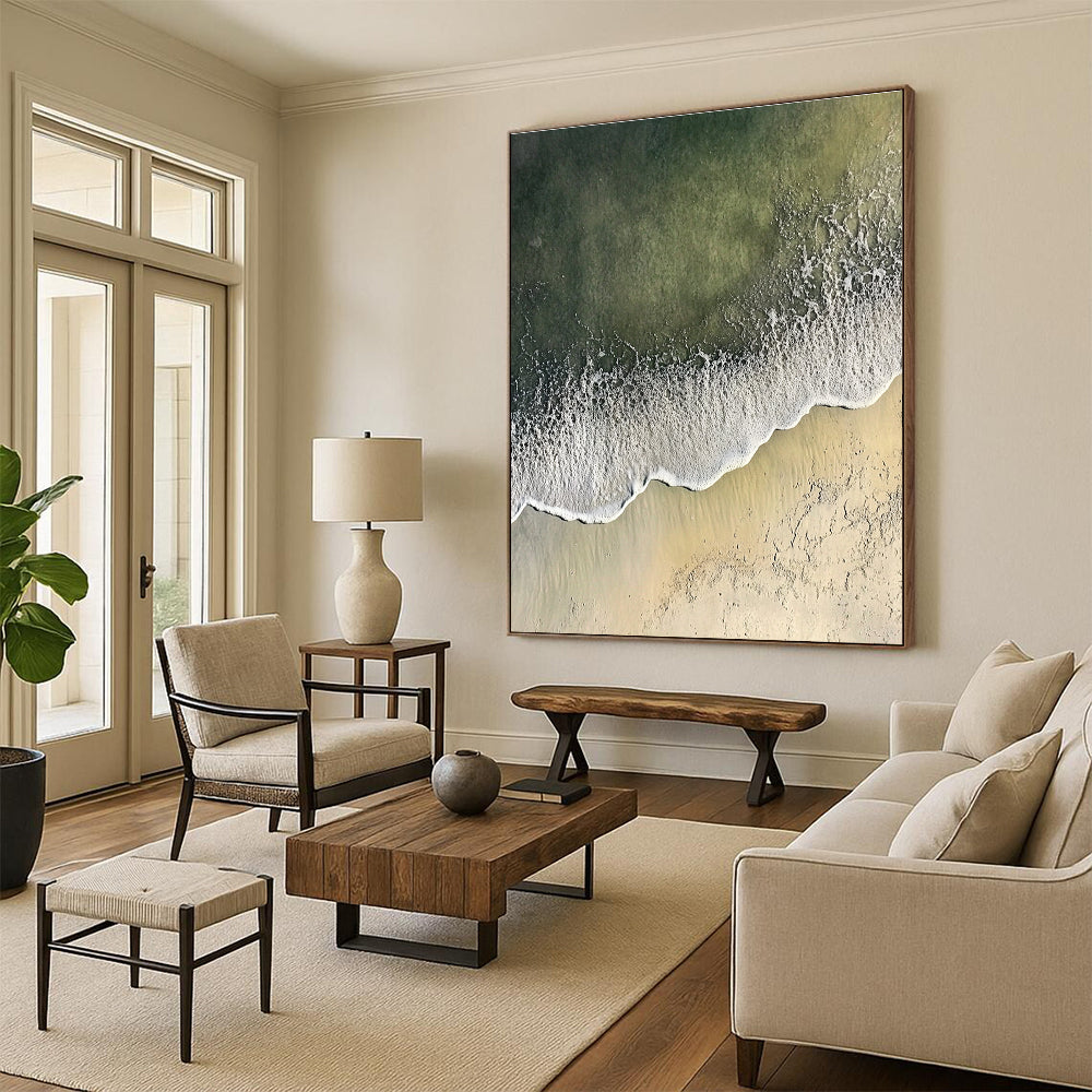 Abstract painting depicting a serene coastal scene with gentle waves and soft sandy textures, blending white and gray with distant green sea hues.STSC1431