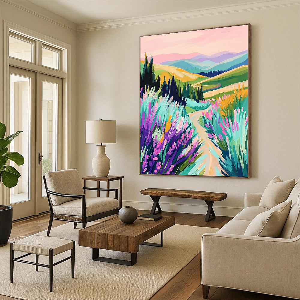 A large abstract painting featuring vibrant rolling hills lavender fields and a pastel sky with playful brushstrokes that create a serene lively atmosphere.STSC1224