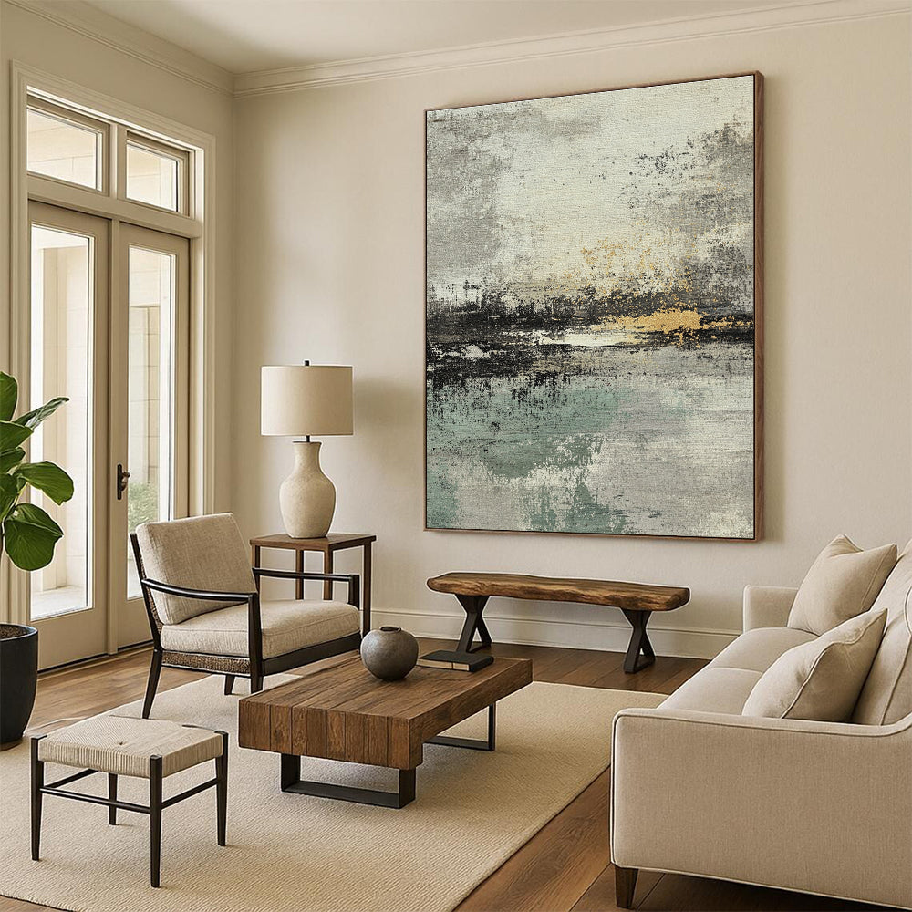 Gray Green and Gold Abstract Painting with Layered Textures GER034