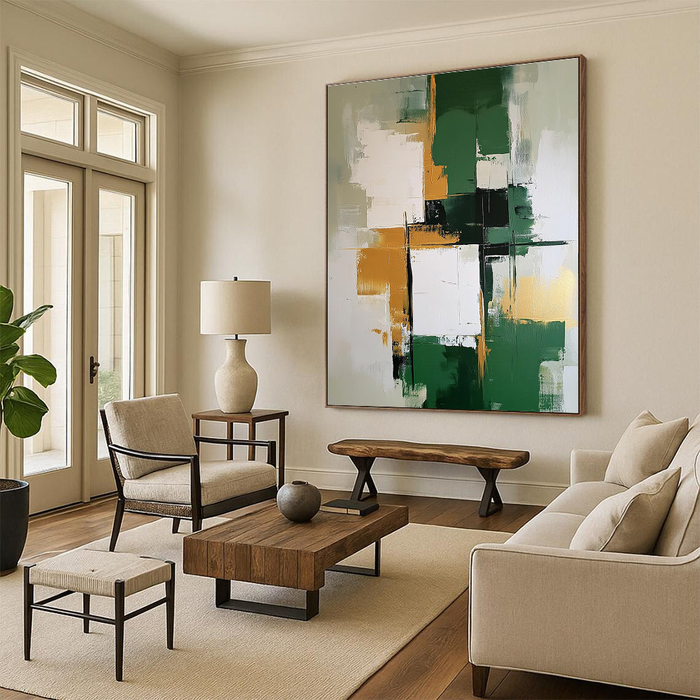 Green Gold and White Abstract Painting with Layered Blocks GER679