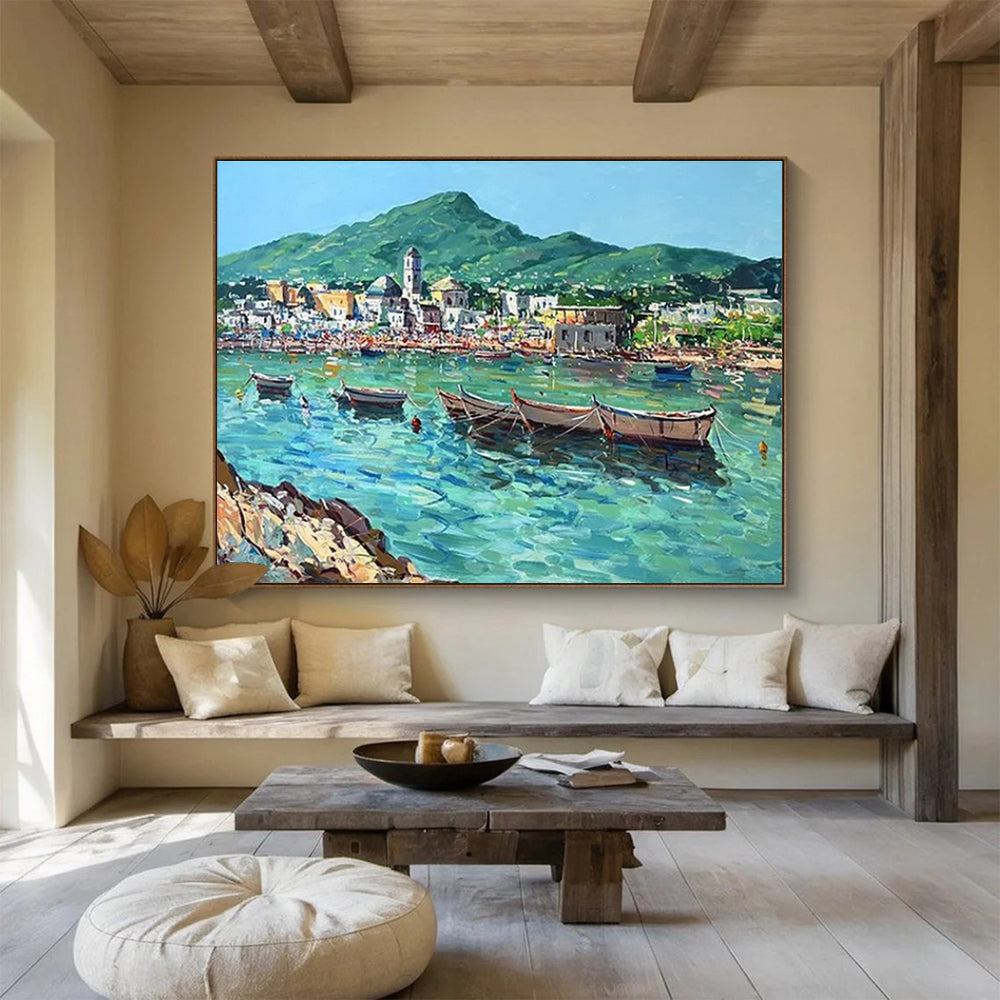 Blue Green Coastal Village Abstract Painting THY467