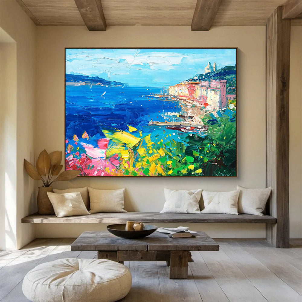 Blue Pink Yellow Coastal Harbor Abstract Painting THY486