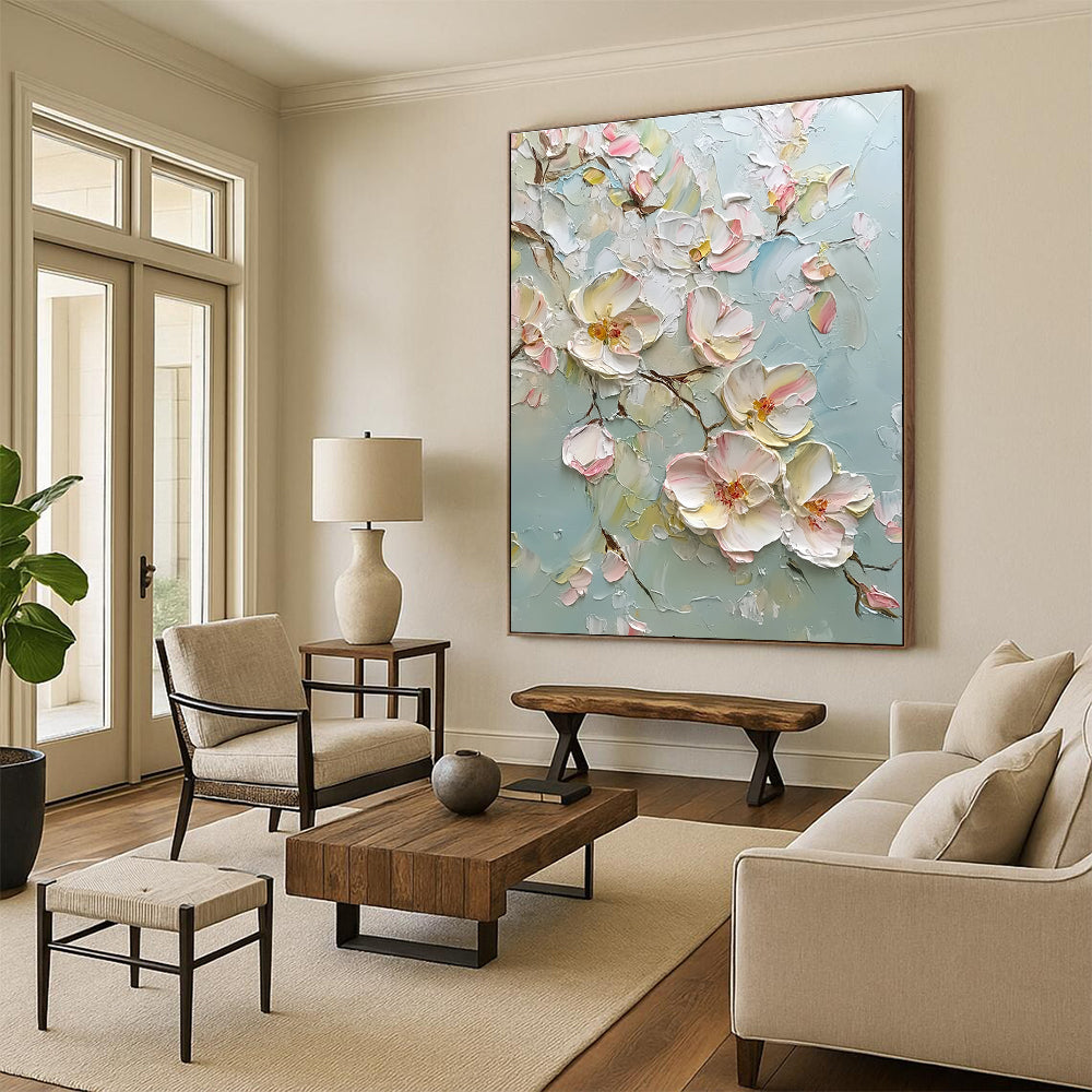 Large abstract painting featuring delicate light pink and white flowers with impasto texture creating a dreamy romantic atmosphere and vibrant colors.STSC1371