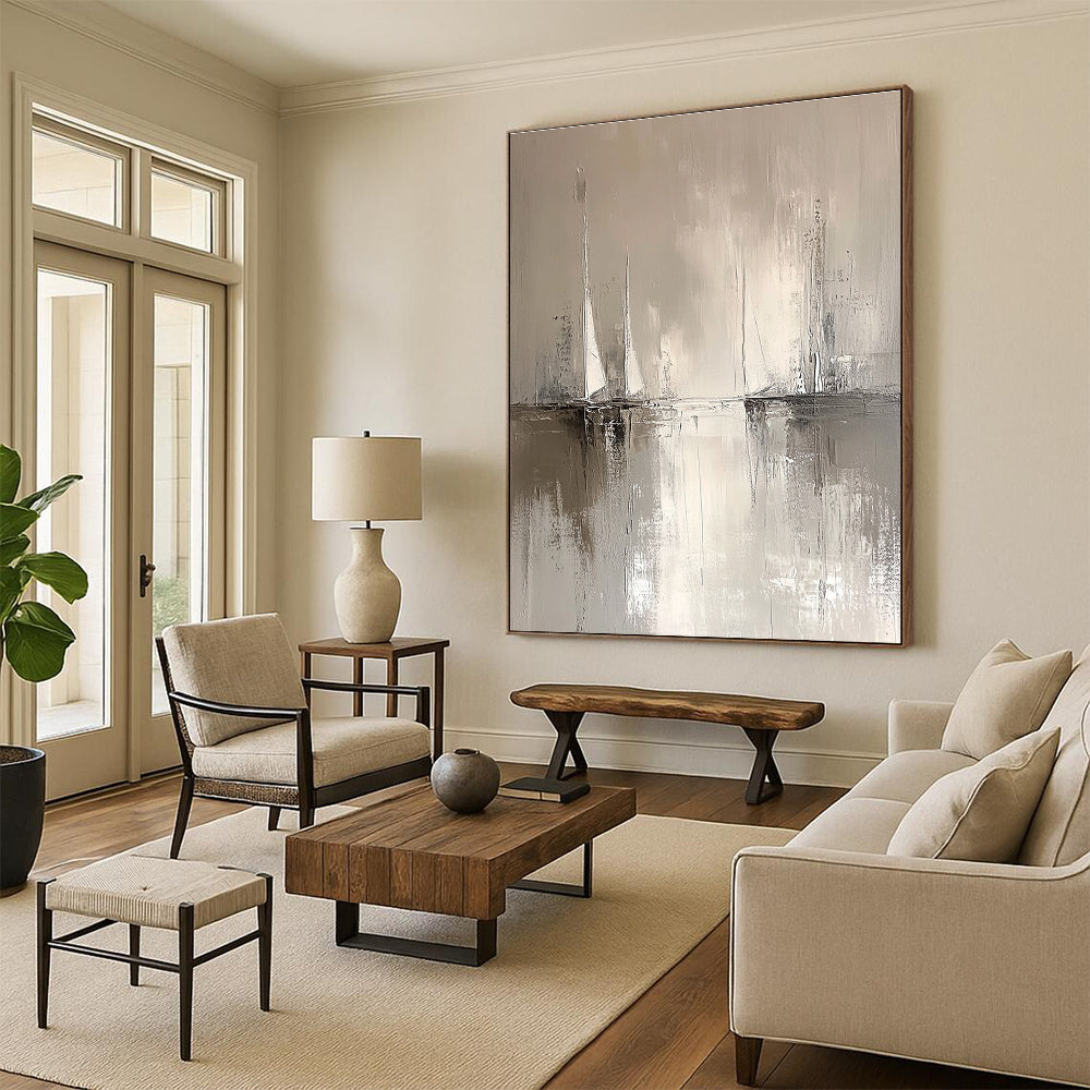 Large abstract painting in minimalist style features sailboats on the horizon with soft water reflections in neutral tones of white and grey.STSC231