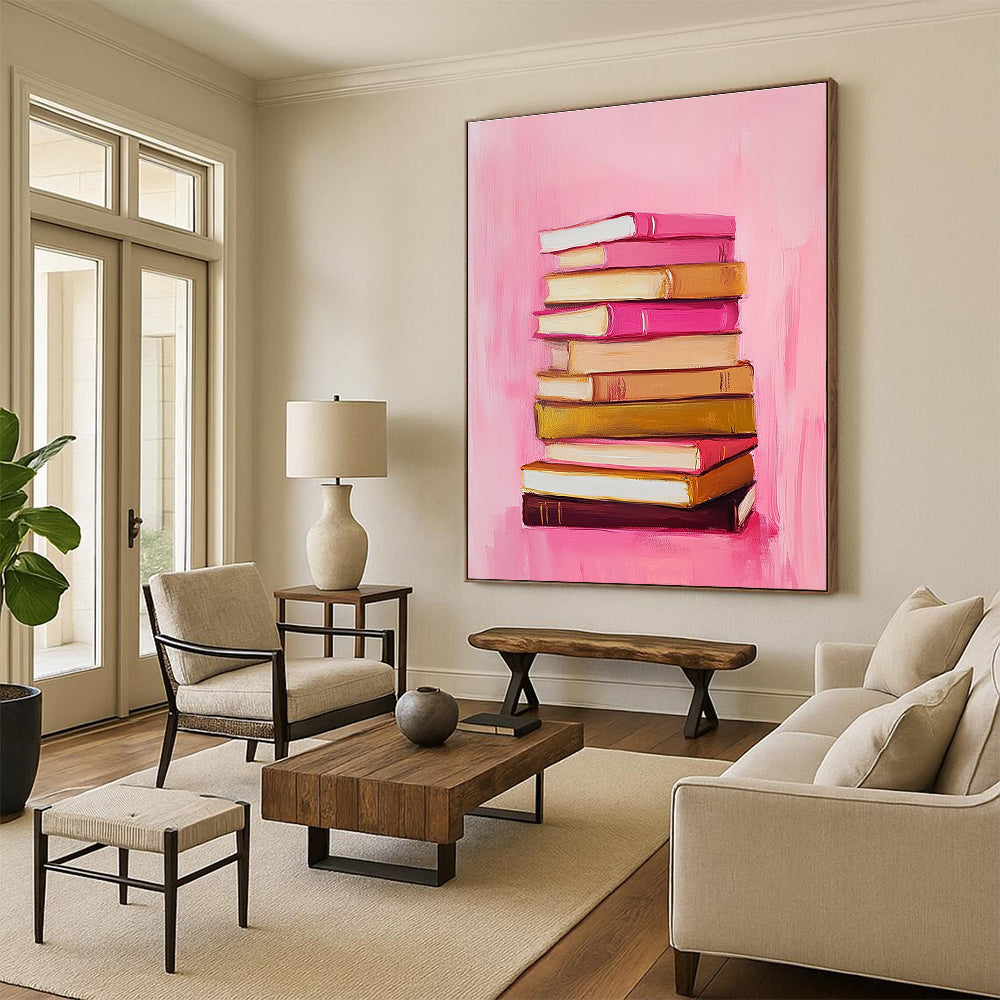 Abstract painting featuring a stack of books on a pink and gold background inspired by Marjolein Bastiaanse minimalist style oil on canvas.STSC1209