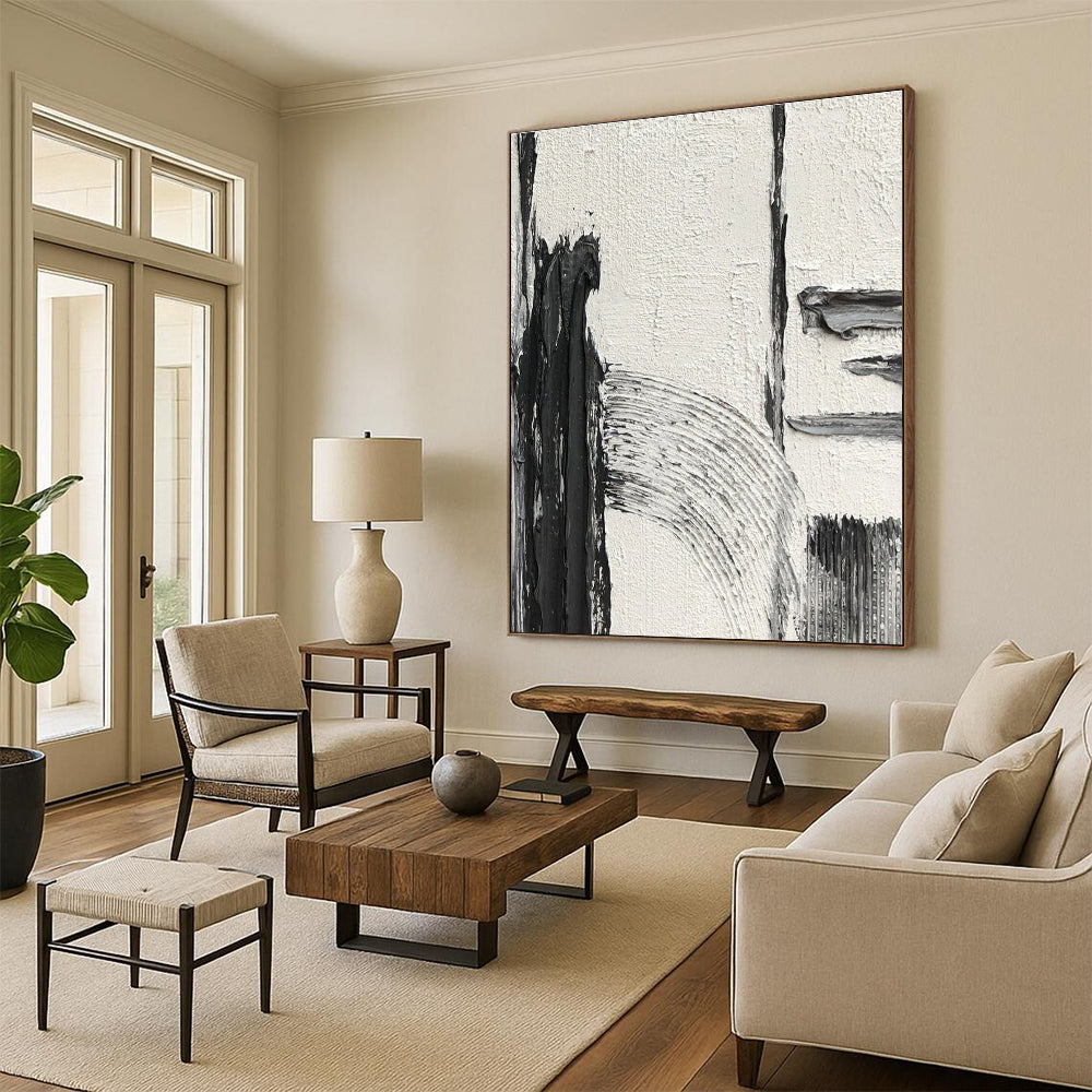 Black and White Geometric Textured Abstract Painting ADGE386