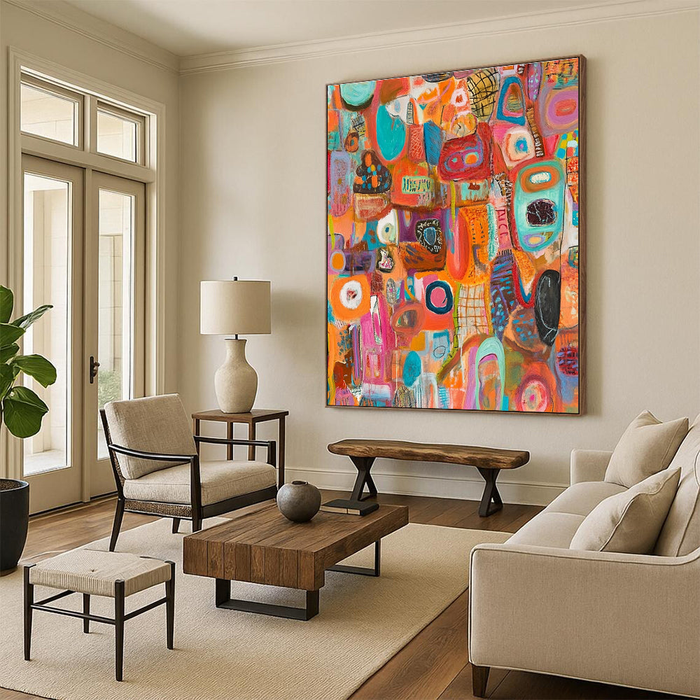 A large abstract painting bursting with vibrant colors and intricate layers, featuring diverse shapes, symbols, and musical notes in a chaotic yet harmonious composition.STSC1221