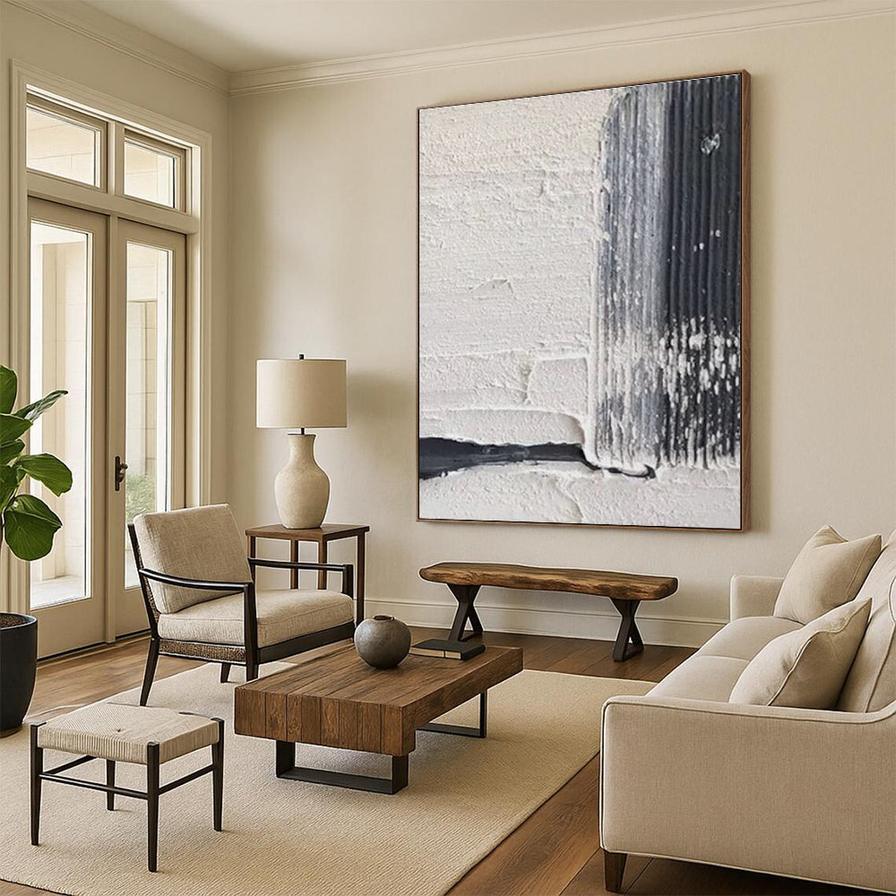 Textured White and Black Abstract Painting with Subtle Details ADGE147