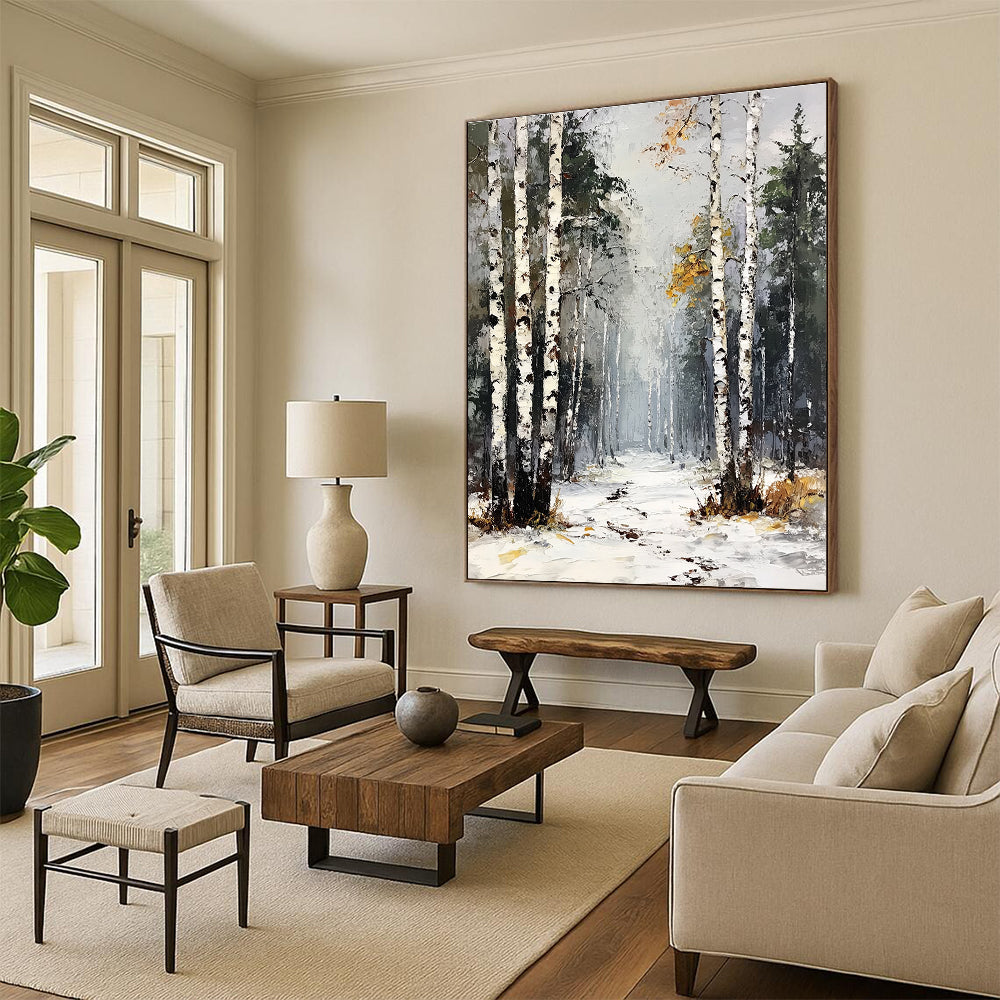 Large abstract painting of a birch forest with white trees green pines and yellow leaves under a gray sky with snow and frost on the ground.STSC1386