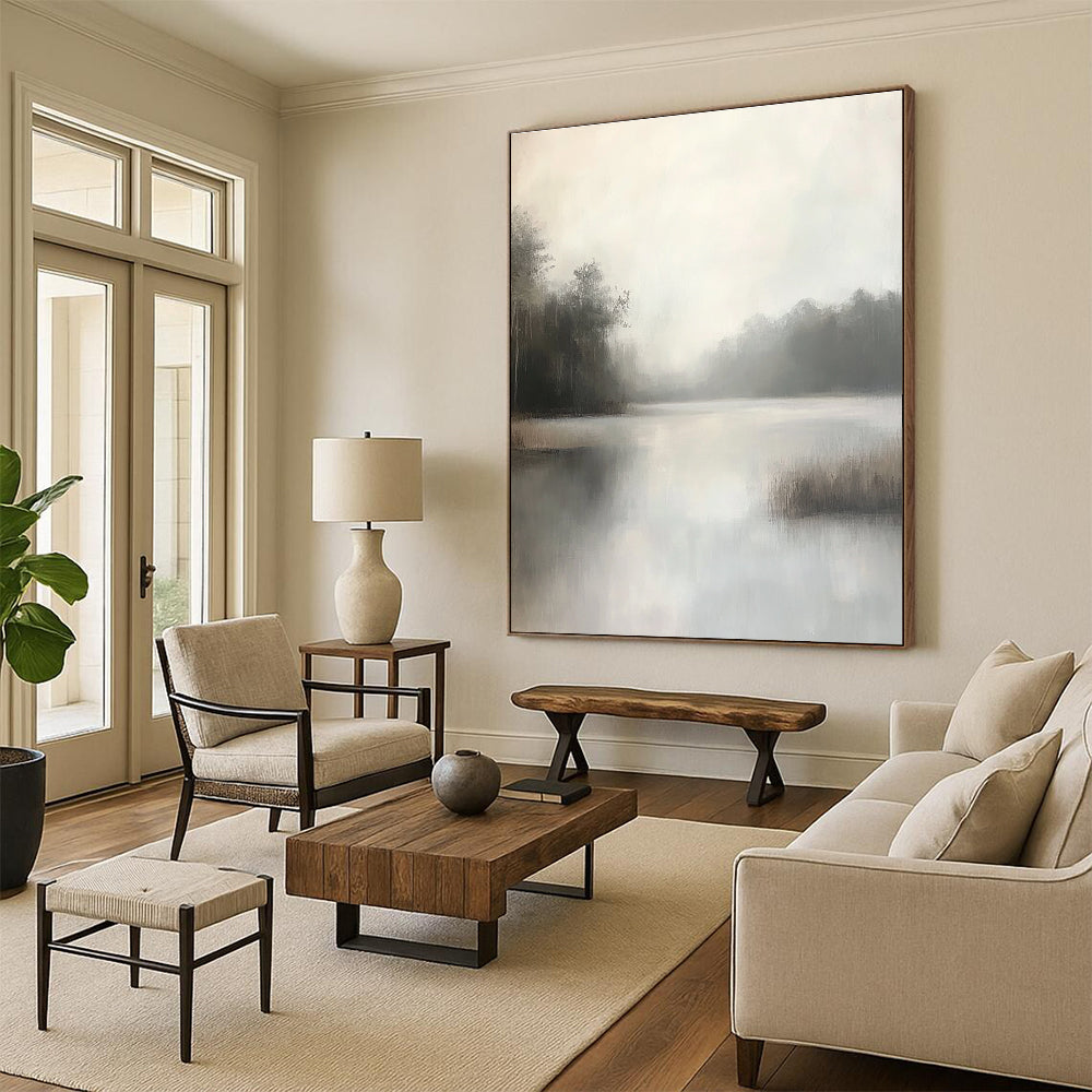 Large abstract painting capturing a misty bayou with muted grey and white tones featuring soft brushstrokes and detailed foliage in a minimalist style.STSC1100