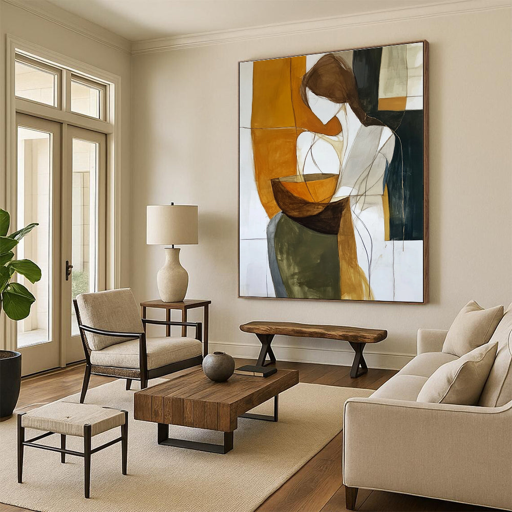 Large abstract painting of an androgynous figure enveloping an earthenware bowl in rich earth tones against a dark white background.STSC299
