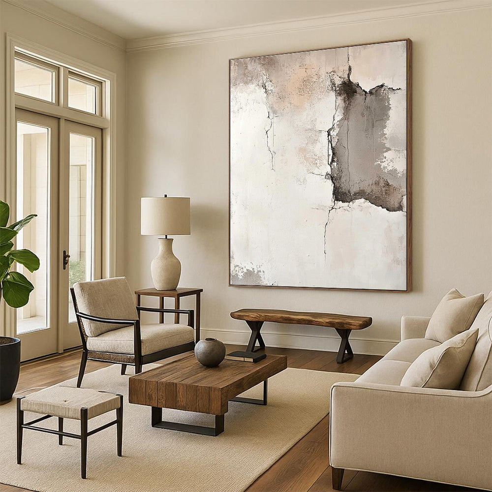 Beige and Gray Abstract Painting with Cracked Textures GER564