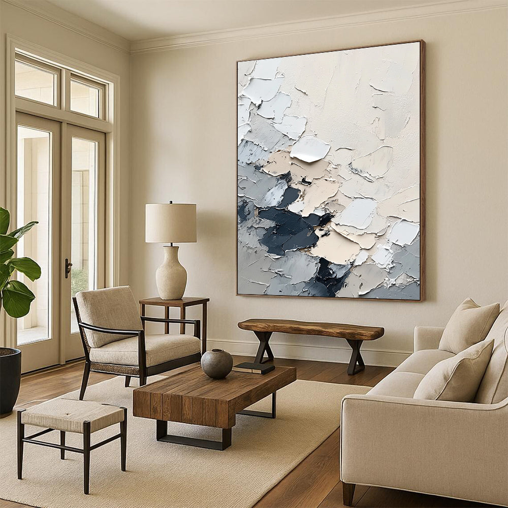 Large abstract painting of snow in grey and white with depth and texture created using a palette knife and a bird's-eye view perspective.STSC567