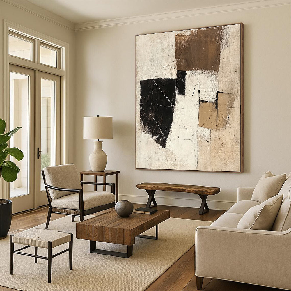 Large abstract painting in beige white and black featuring small brown squares and textured brush strokes evokes calmness and a mysterious spacecraft atmosphere.STSC738