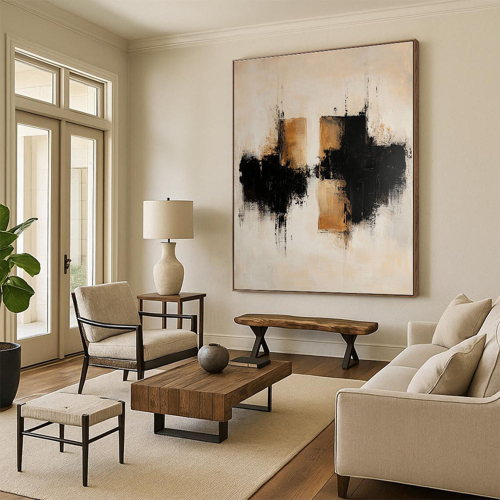 Beige Black Reflective Abstract Painting with Textured Layers GER775