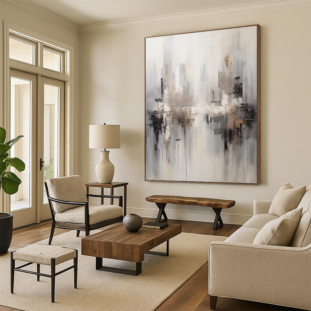 Monochromatic Cityscape Abstract Painting with Gray and Beige ADGE122