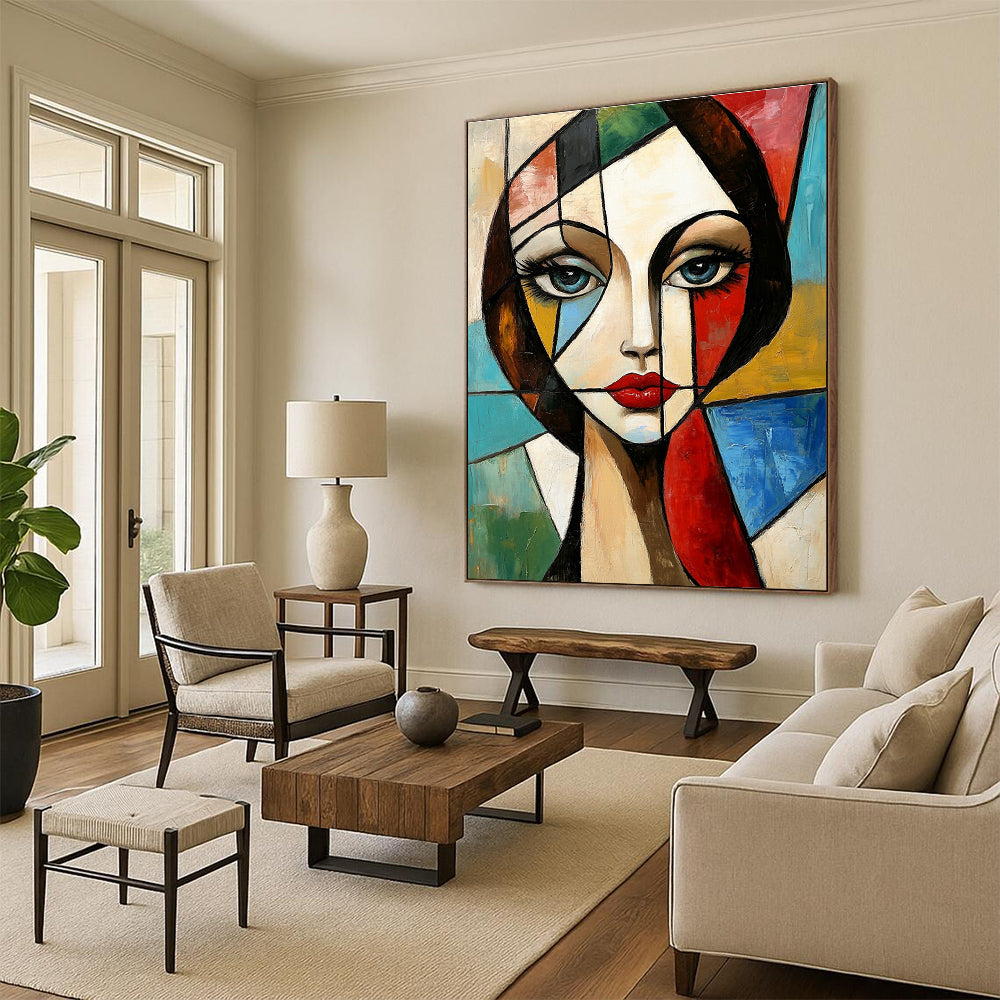 Large abstract painting in Cubism style features a geometric portrait of a woman with vibrant colors and dynamic patterns in the background.STSC1376