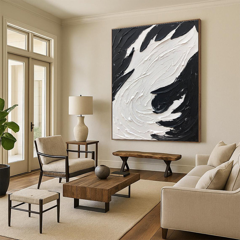 Black and White Bold Swirl - Textured Abstract Painting with Impactful Forms ADGE398