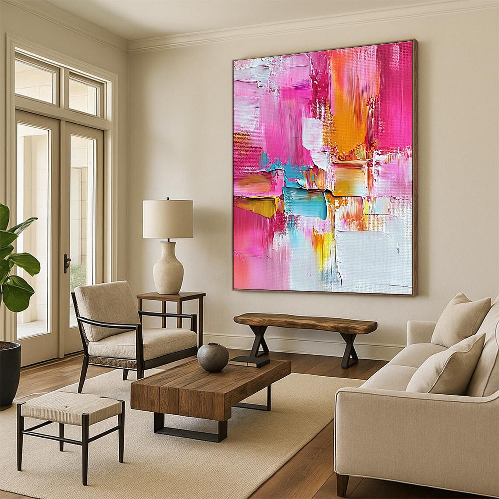 Pink Orange and Blue Abstract Painting with Textured Layers GER520