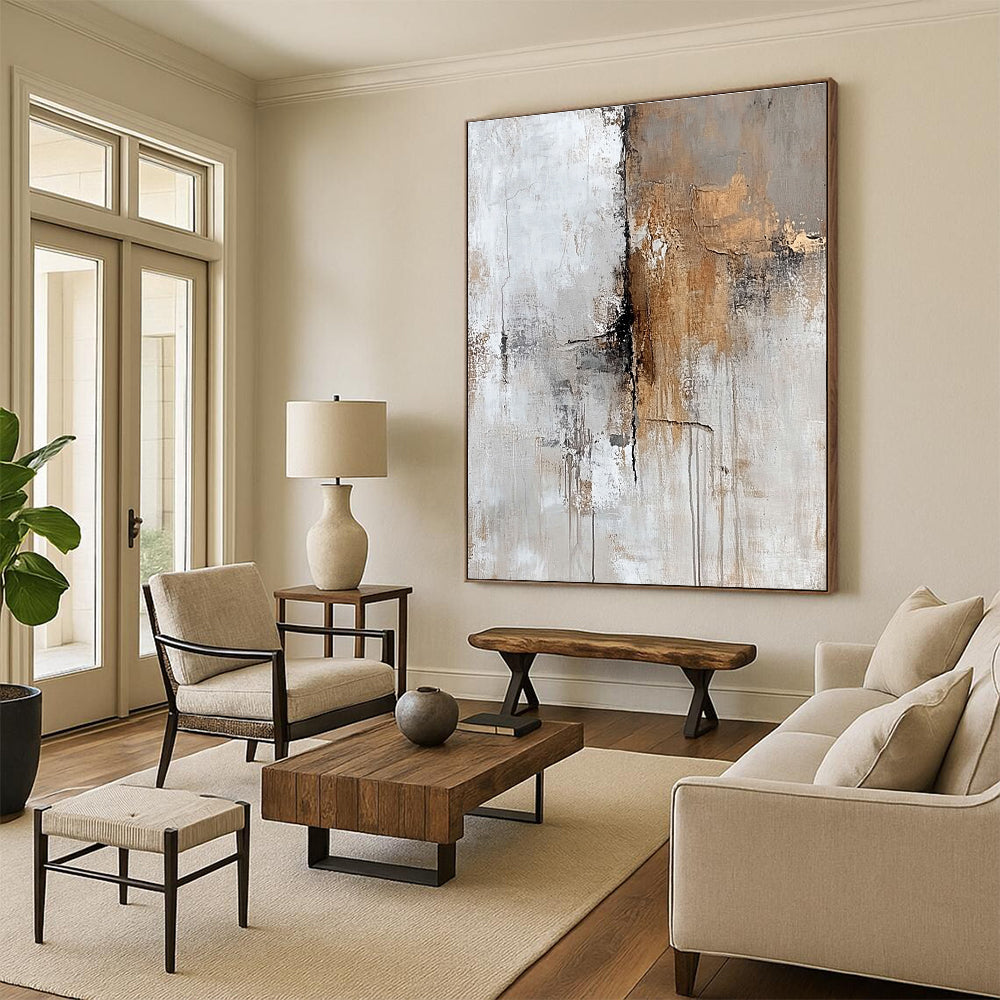 Abstract oil painting featuring faded beige grey and brown textures on a white background evoking nostalgia and mystery through subtle details in corners.STSC591