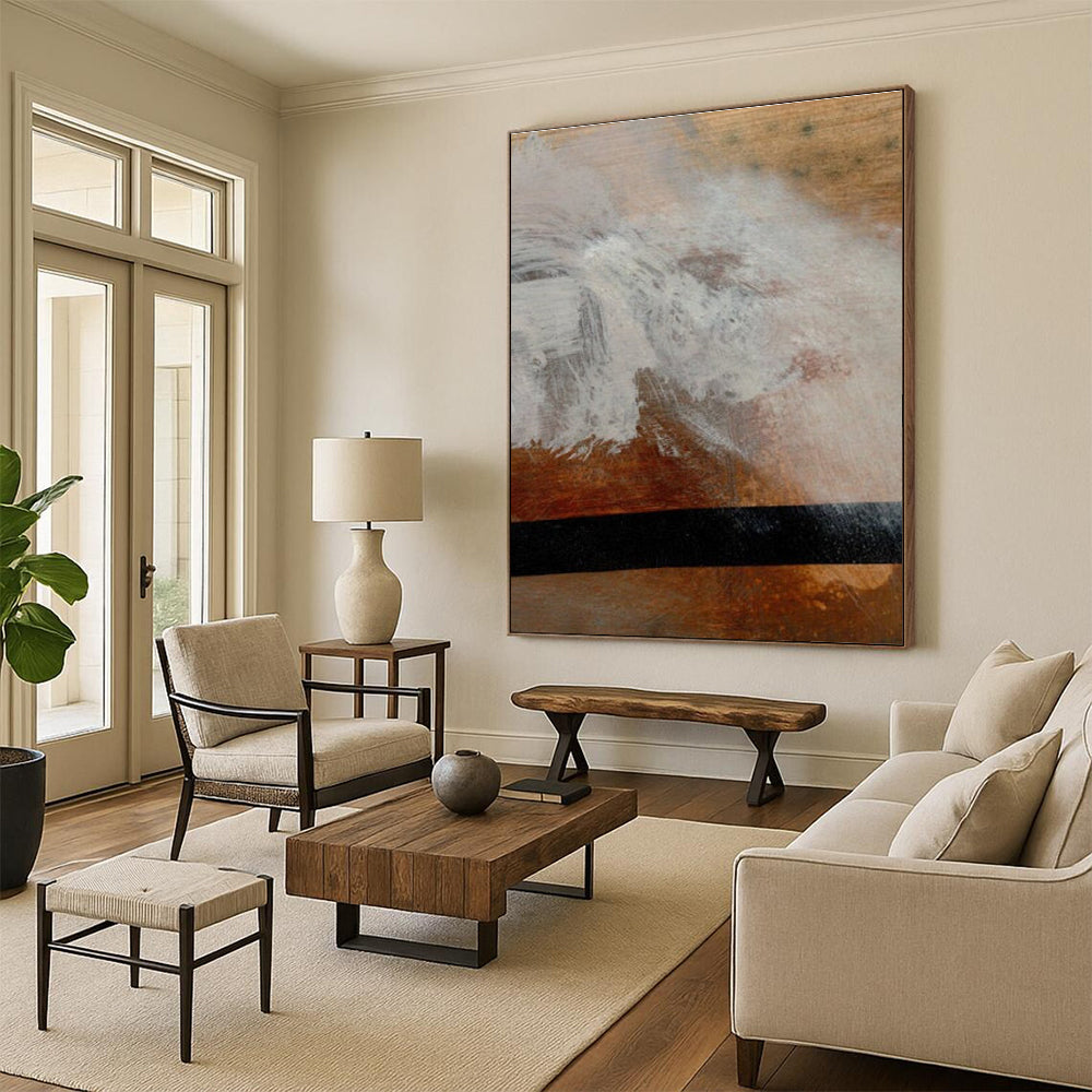 Textured Abstract Painting on Wood with White and Brown Tones ADGE185