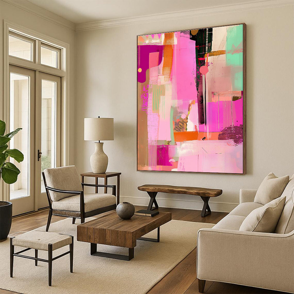 Large abstract artwork featuring pink tones with a collage of lines and shapes that adds a unique flair to any space.STSC525