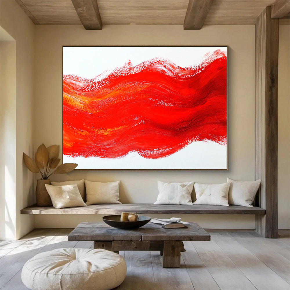 Bold abstract painting with red brushstrokes and flowing lines creating a dynamic interplay of light and shadow on a white background.SC609