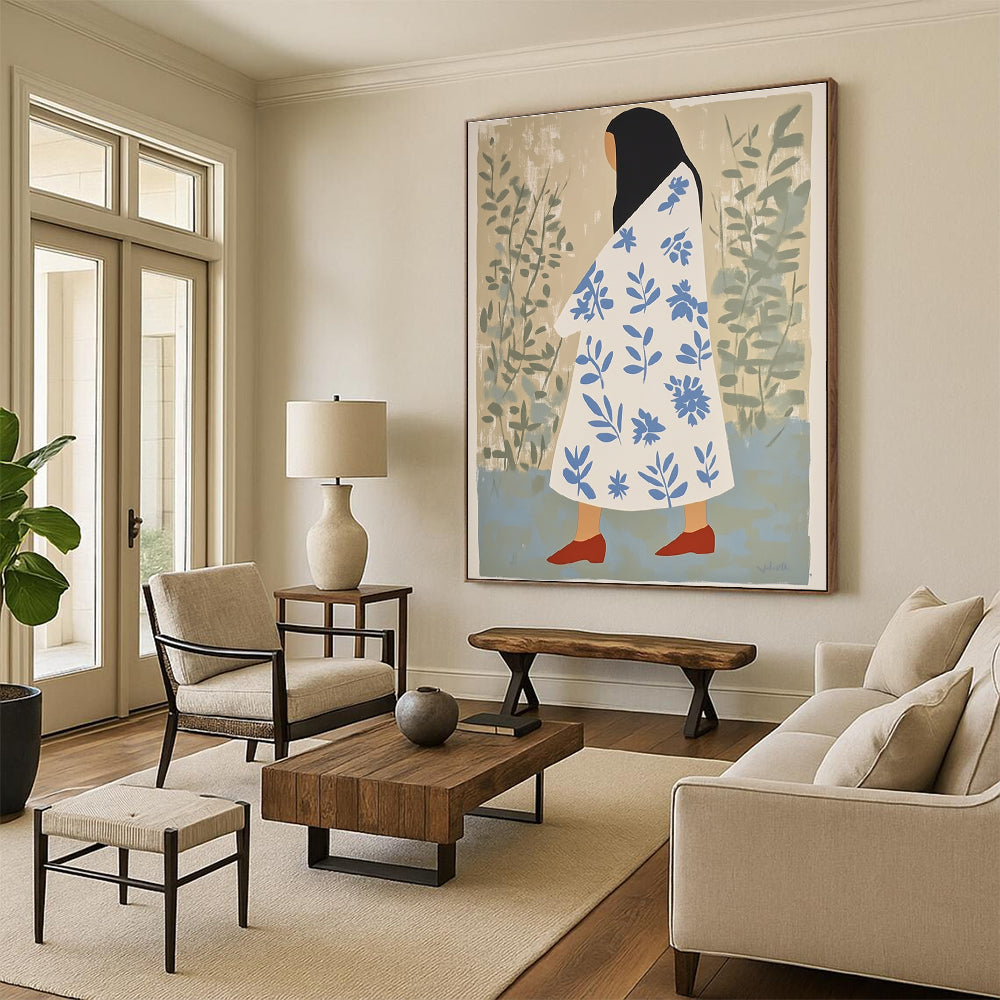 Abstract artwork featuring a woman in a floral robe with red shoes and long black hair against a beige and green background.STSC1260