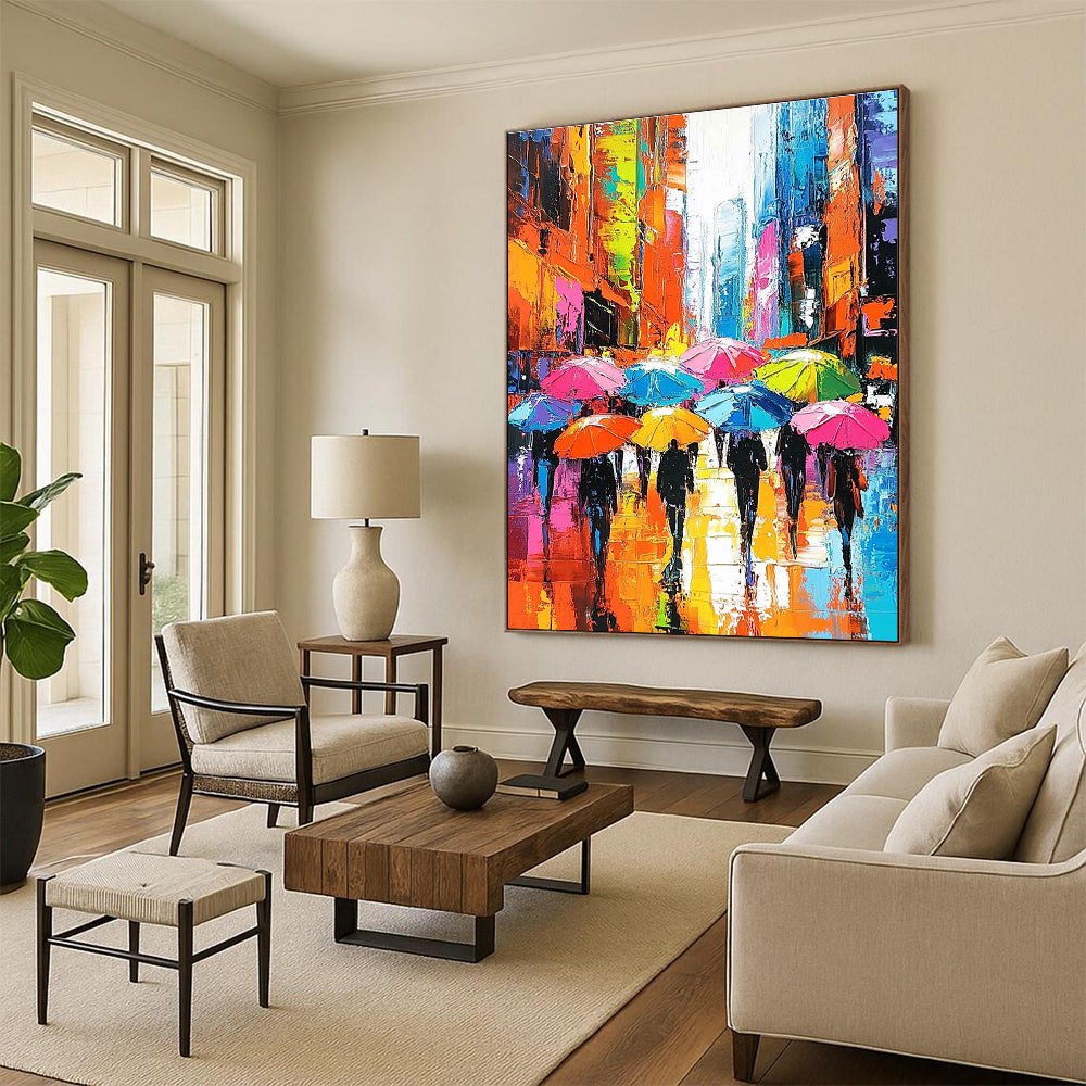 Large abstract painting depicting vibrant city streets with people under colorful umbrellas and skyscrapers emphasizing expressive faces and dynamic brushstrokes.STSC849