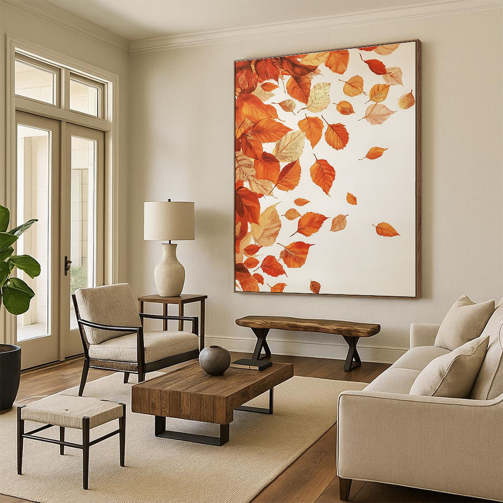 Large abstract painting of falling autumn leaves in Caravaggio style with gold leaf highlights on a white background.STSC1125