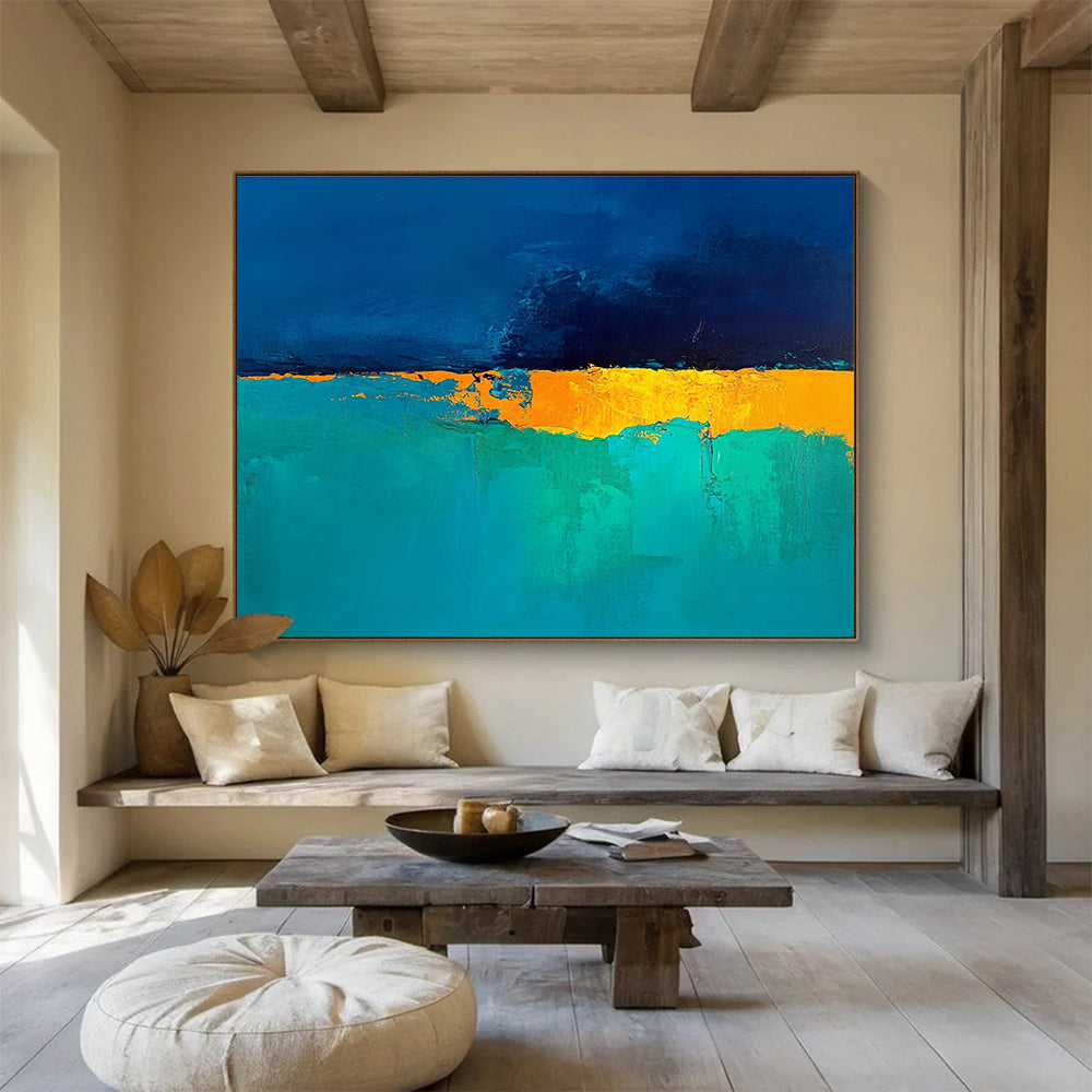 Large abstract painting in deep blue and turquoise with a golden yellow horizon perfect for enhancing modern interiors.SC524
