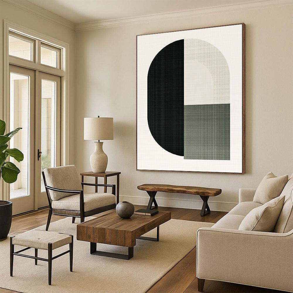 A large abstract illustration featuring an arch and half circle in green shades symbolizes the letter O for a top-grain rug brand.STSC1179