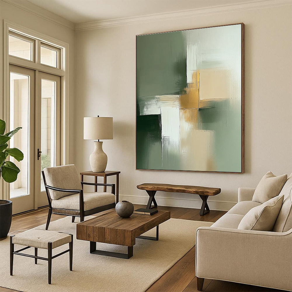 Abstract minimalist painting in sage green and beige with white featuring thick brush strokes and golden details for elegance.STSC566