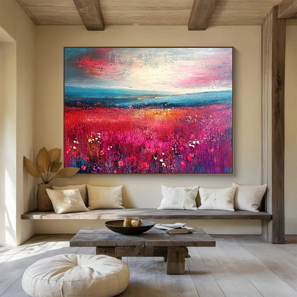 An abstract landscape featuring vibrant pink and teal brush strokes merges into a field of flowers, guiding the eye towards a distant horizon.SC314