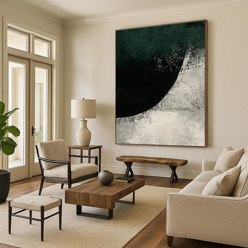 Large abstract painting featuring dark green and gray tones with ink texture and a mysterious rounded shape creating a cold nature-inspired atmosphere.STSC524