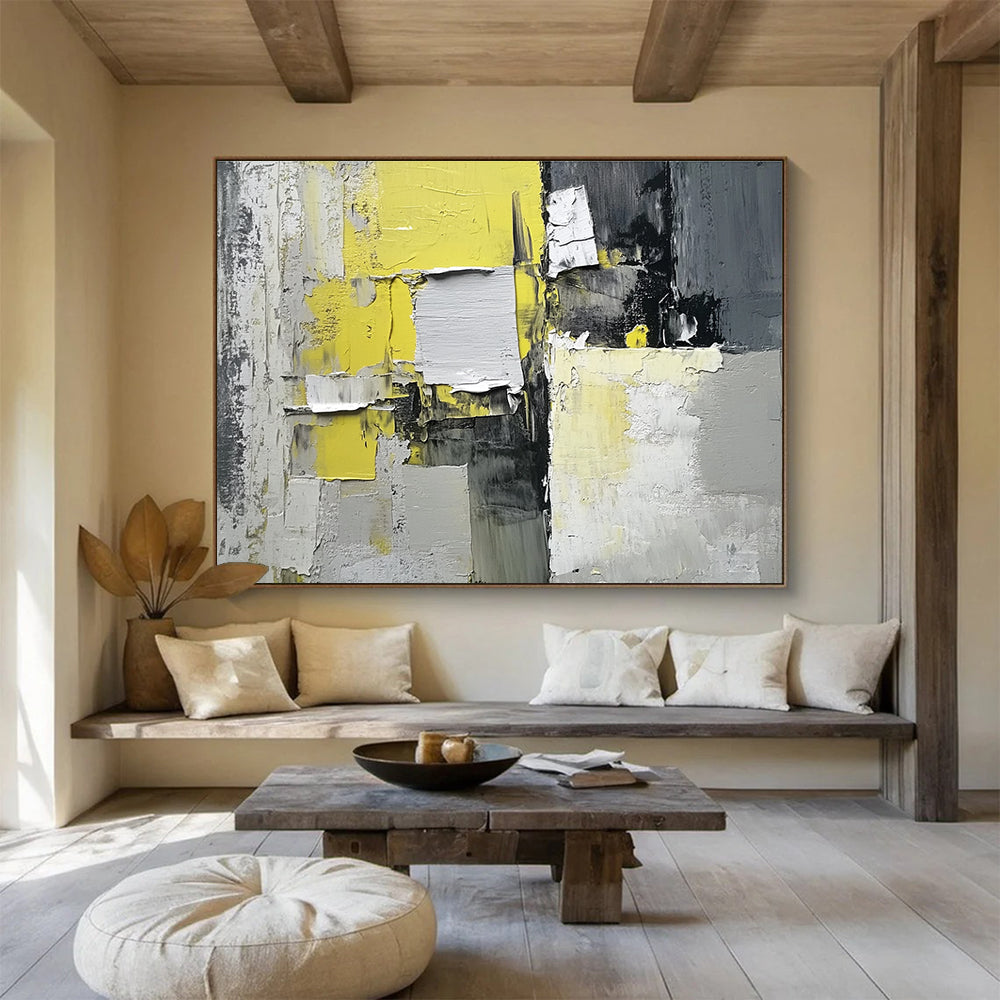 Yellow Gray and White Abstract Painting with Textured Patches DYP399