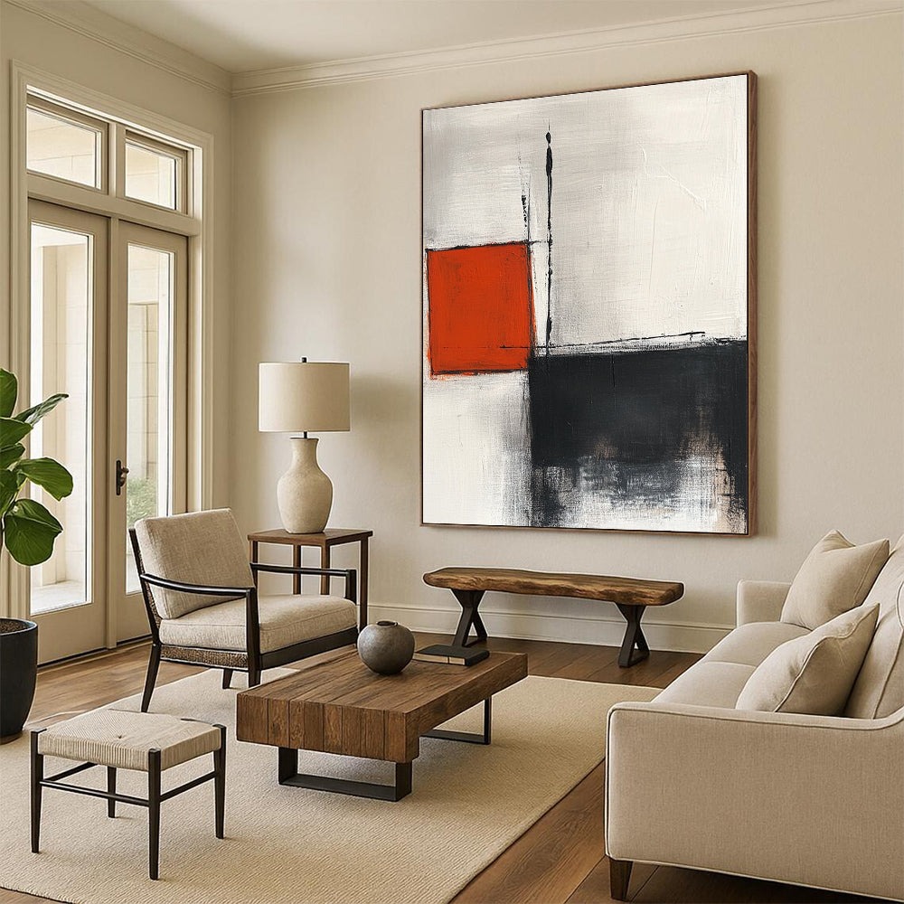 Large abstract painting featuring lines squares and soft edges in white grey black and red tones with minimalist elegance and high-resolution quality.STSC772