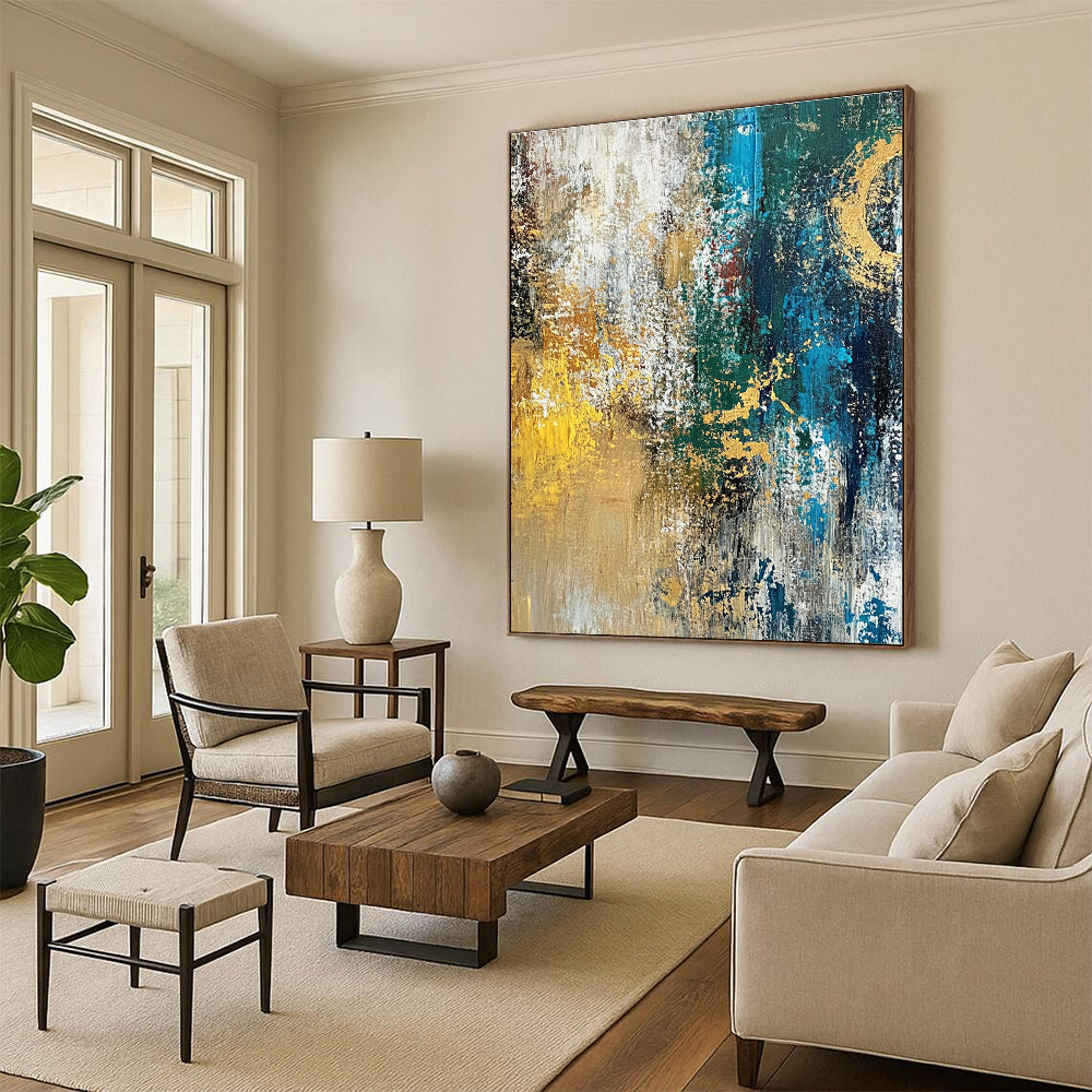 Gold Teal and White Abstract Painting with Textured Gold GER686