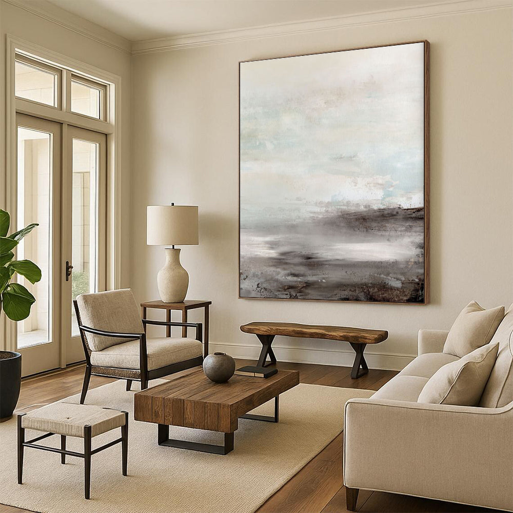 Serene Misty Coastal Abstract in Gray and Blue Painting ADGE154