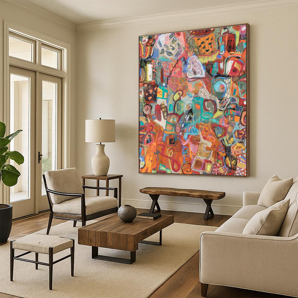 Colorful Collage - style Abstract Painting with Orange Base ADGE291