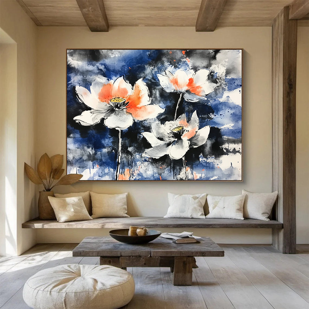 A large abstract painting featuring blooming lotus flowers with orange and white petals against a blue background using traditional Chinese brushstroke techniques.SC580