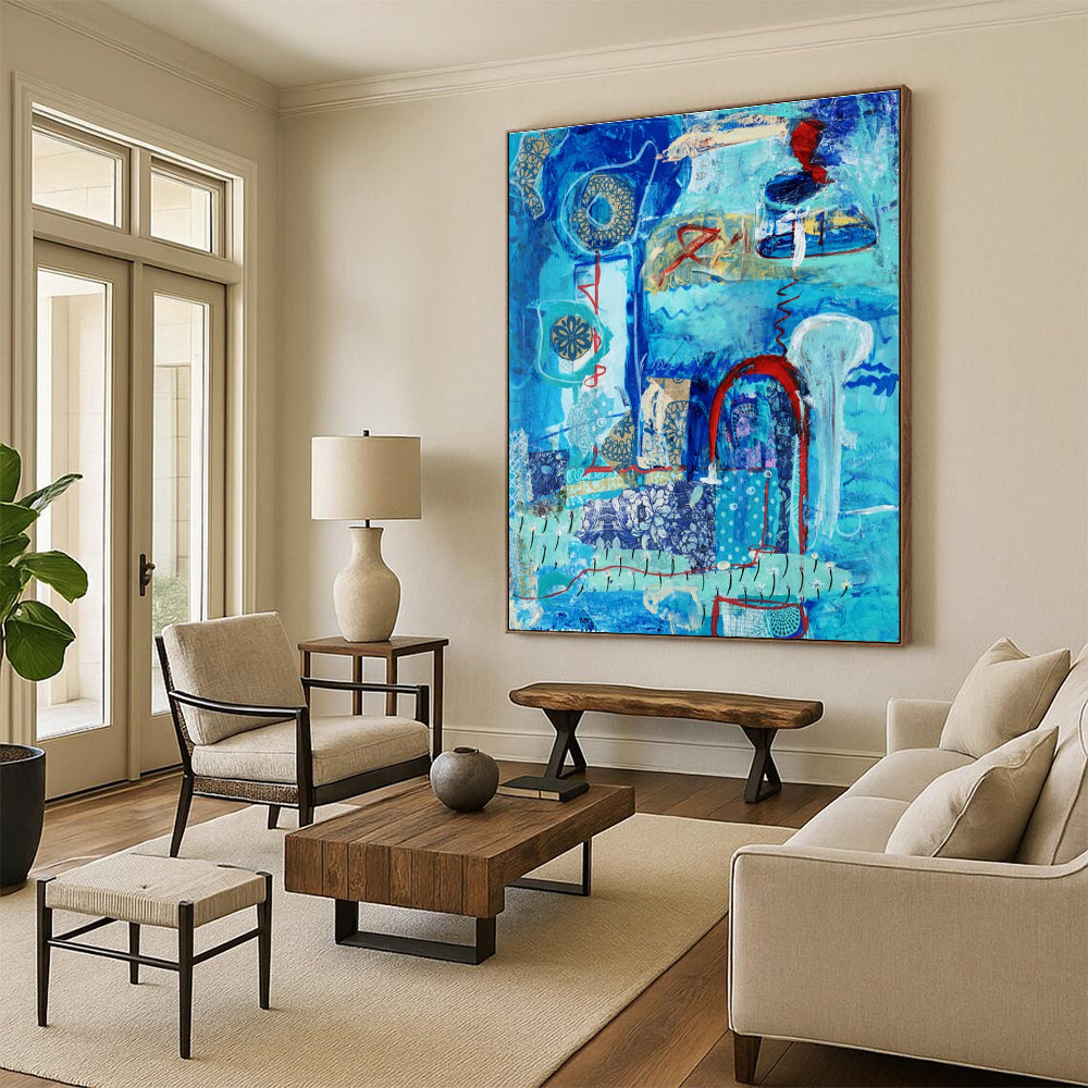 Blue - themed Collage Abstract Painting with Patterns ADGE296
