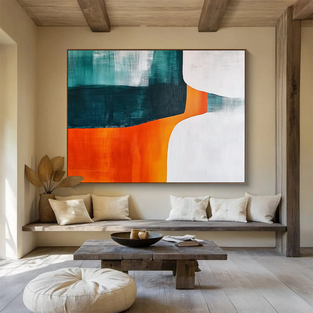 Teal Orange and White Abstract Painting with Bold Color Blocks DYP408