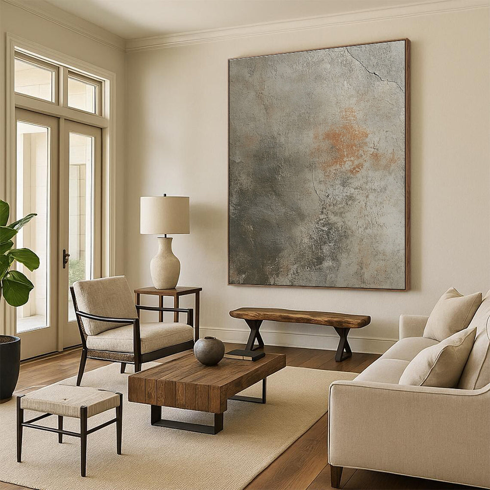 Abstract watercolor illustration blending muted tones on a worn beige concrete floor with a detailed handprint for timeless elegance.STSC1445