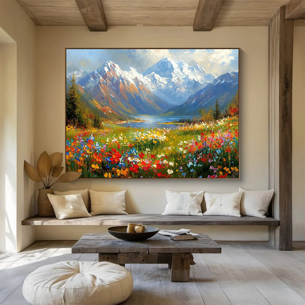 Flower - Filled Mountain Valley Abstract Painting with Colorful Blossoms DYP577