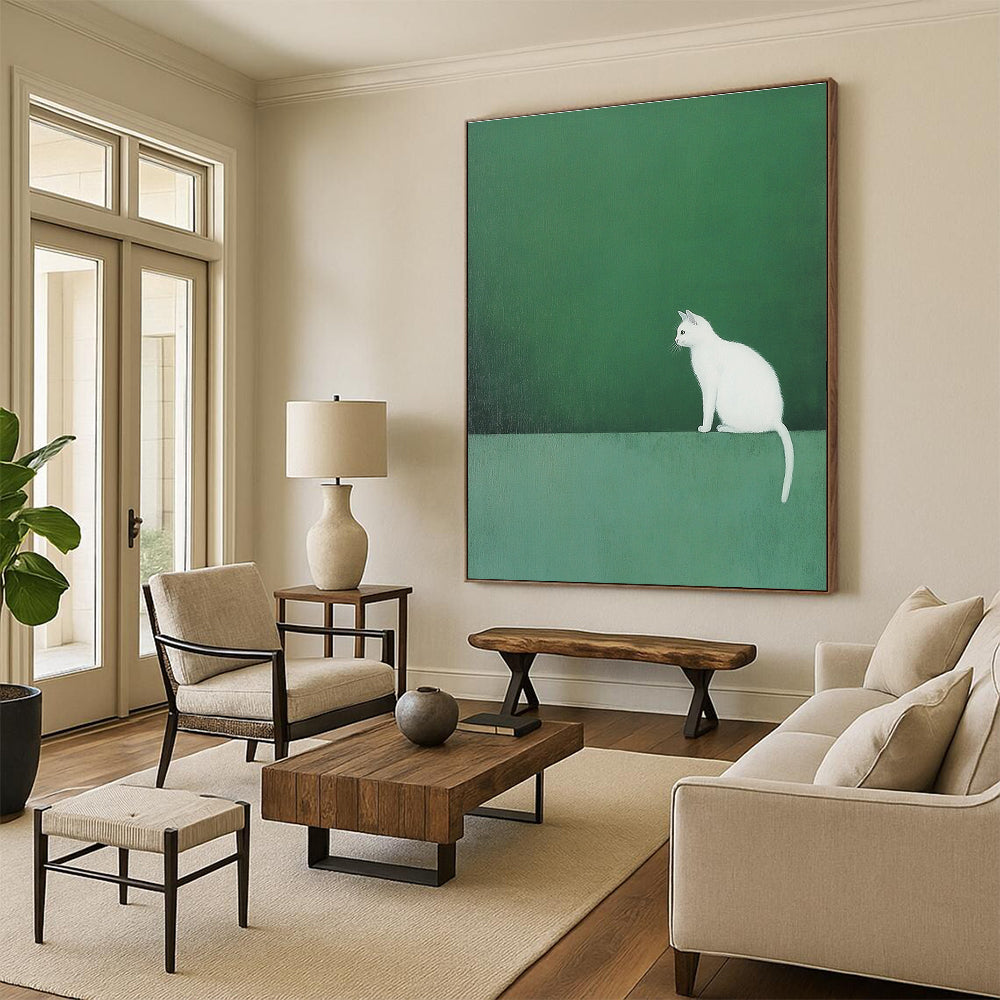 An abstract painting featuring a white cat on a green backdrop in minimalist style with ultra-fine details and matte texture.STSC1249