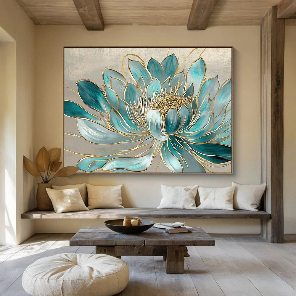 Blue Gold Lotus - Ornate Floral Abstract Painting DYP015