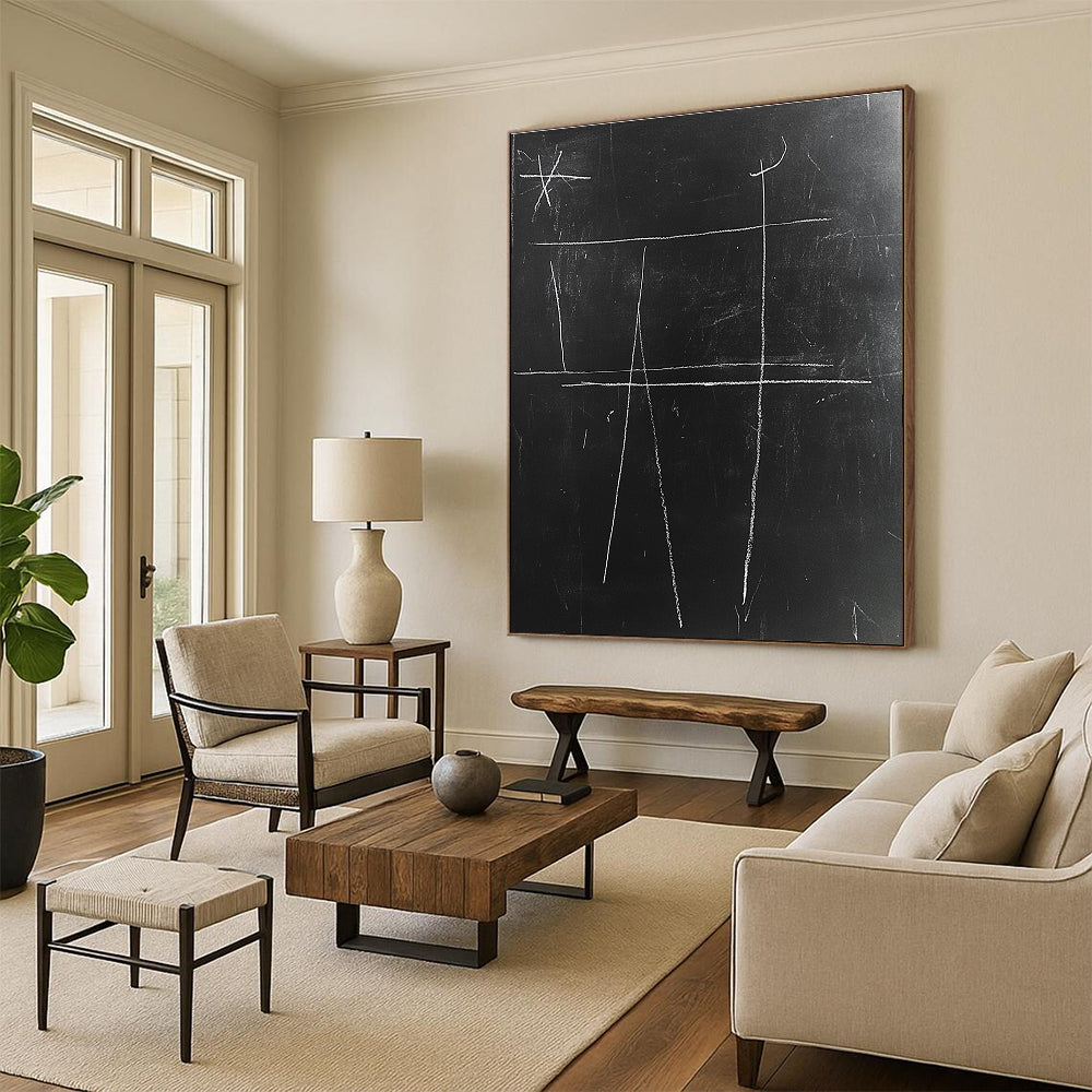 A large abstract drawing featuring simple lines and thick white chalk textures on a black chalkboard, inspired by Matisse's minimalism.STSC1061